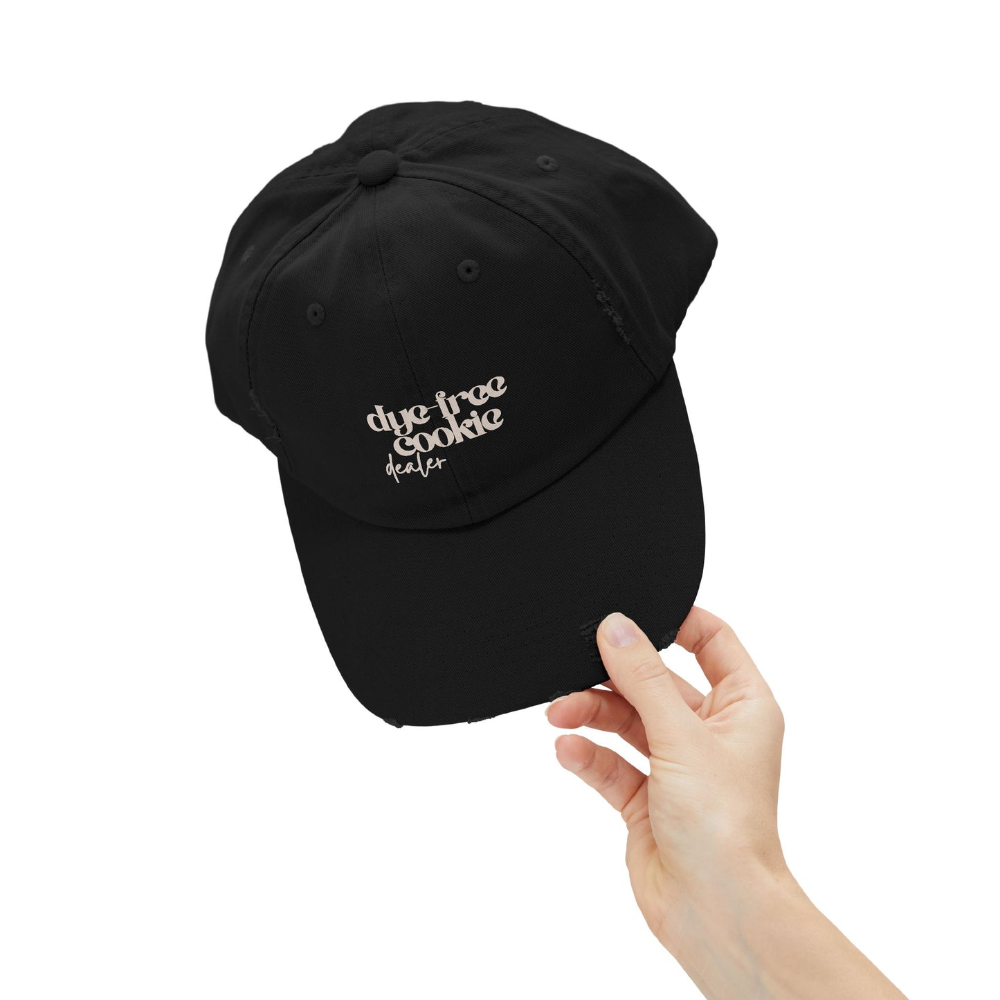 “Dye-Free Cookie Dealer” Distressed Unisex Hat – Vintage Baker Cap (Black or Stone)
