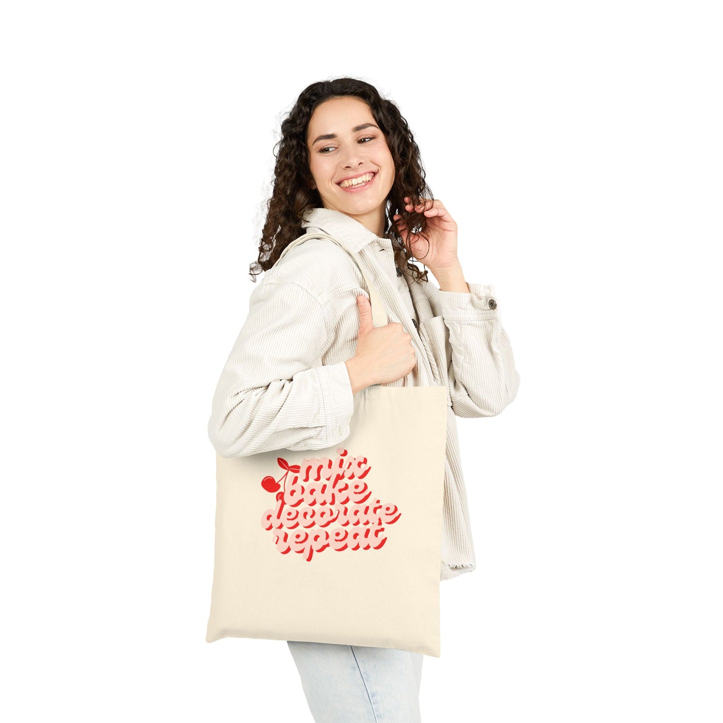 “Mix, Bake, Decorate, Repeat” Cotton Canvas Tote – Dye-Free Baking Bag (Natural Canvas, 15"x16")