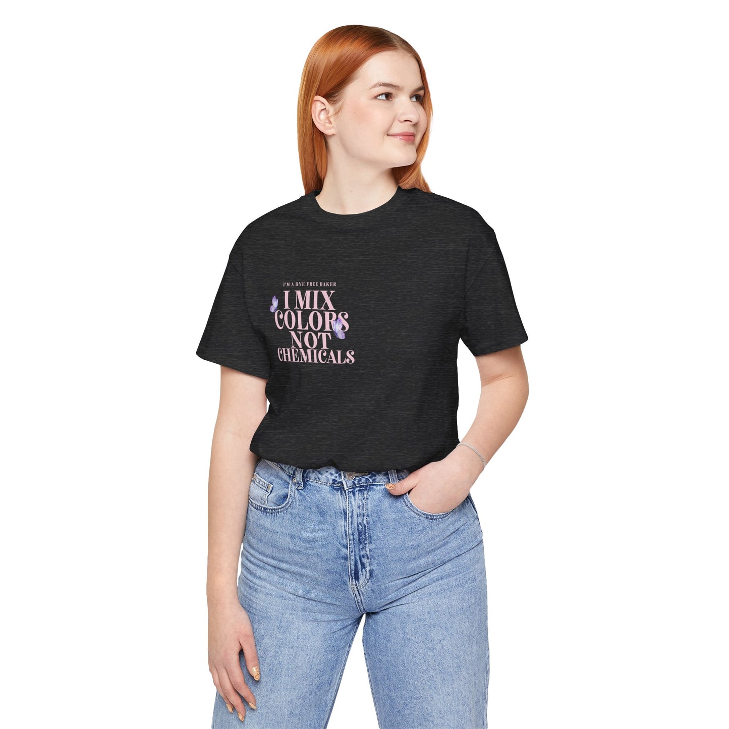 “I Mix Colors, Not Chemicals” Dye-Free Baker Tee – Front & Back Print (White or Heather Gray, XS–5XL)