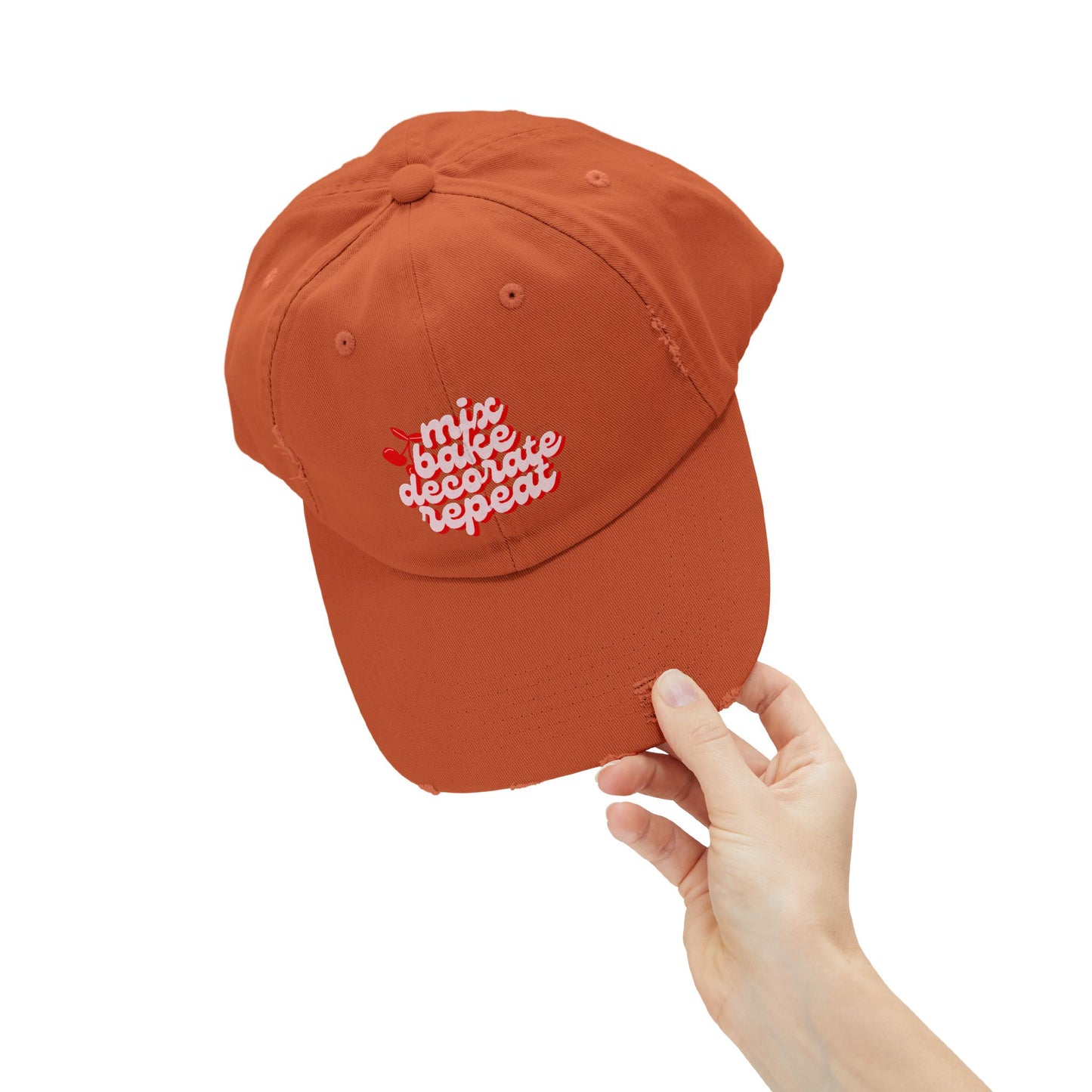 “Mix, Bake, Decorate, Repeat” Distressed Hat – Burnt Orange Baker’s Cap