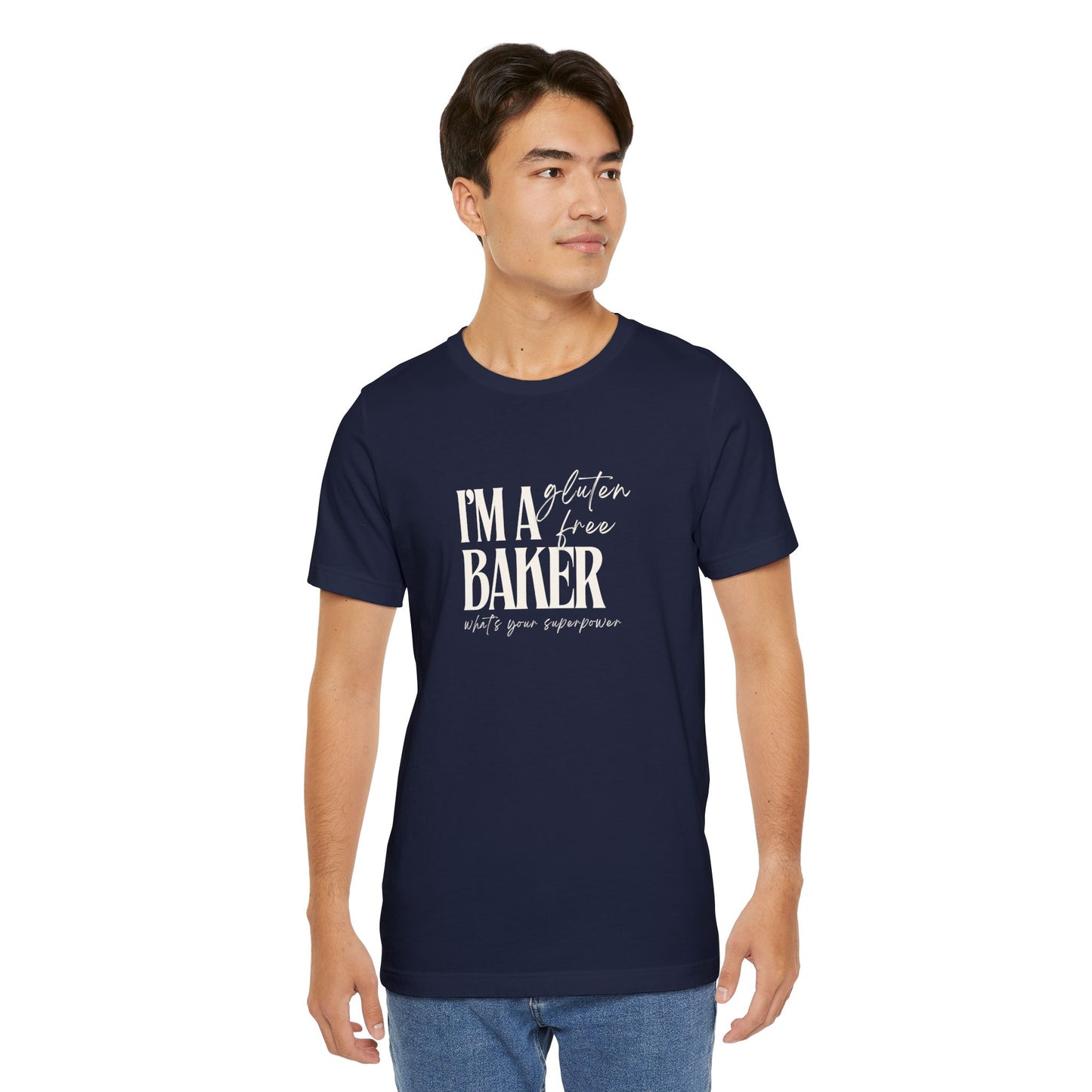 “I’m a Gluten-Free Baker. What’s Your Superpower?” Unisex Tee – Allergy-Aware Baking Shirt (New Navy, S–3XL)