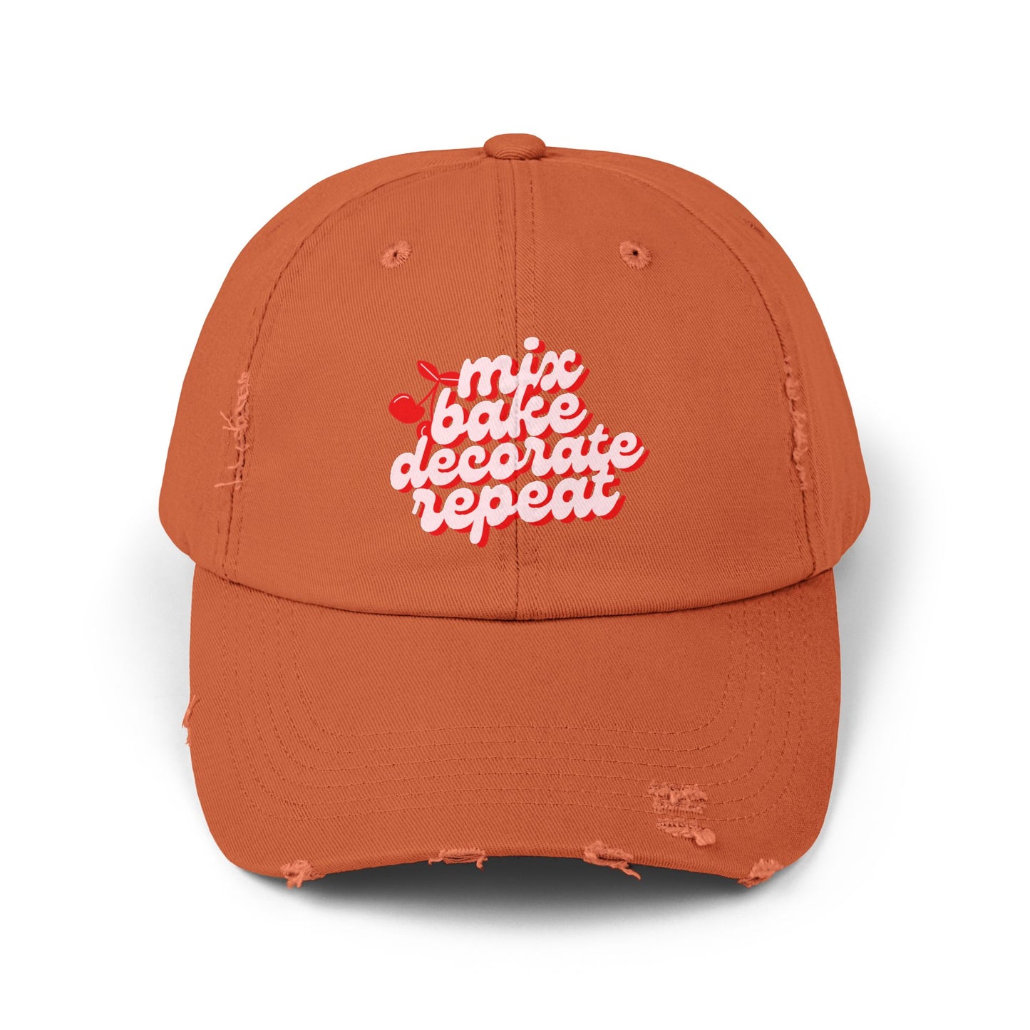 “Mix, Bake, Decorate, Repeat” Distressed Hat – Burnt Orange Baker’s Cap