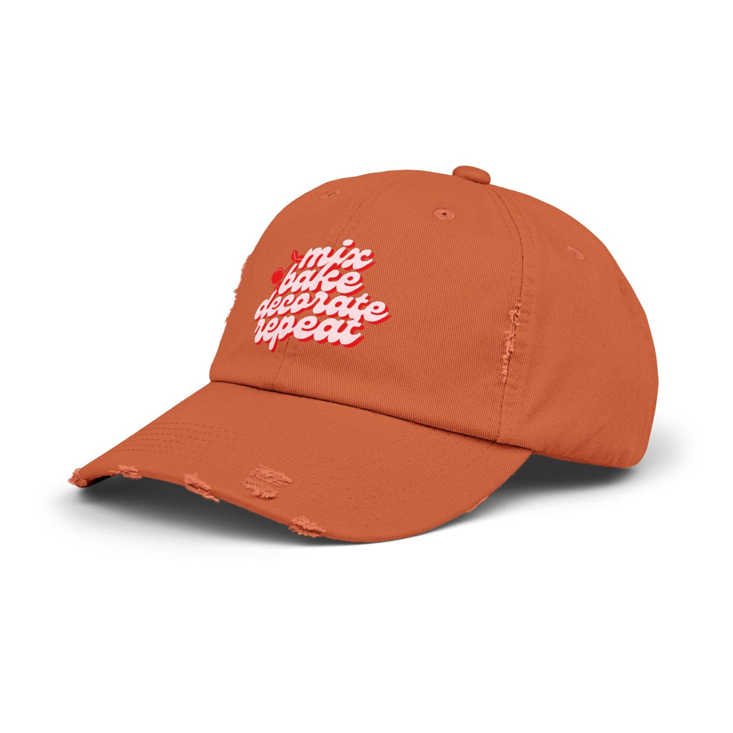 “Mix, Bake, Decorate, Repeat” Distressed Hat – Burnt Orange Baker’s Cap