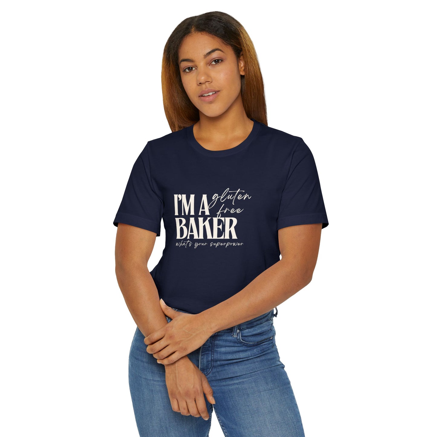 “I’m a Gluten-Free Baker. What’s Your Superpower?” Unisex Tee – Allergy-Aware Baking Shirt (New Navy, S–3XL)
