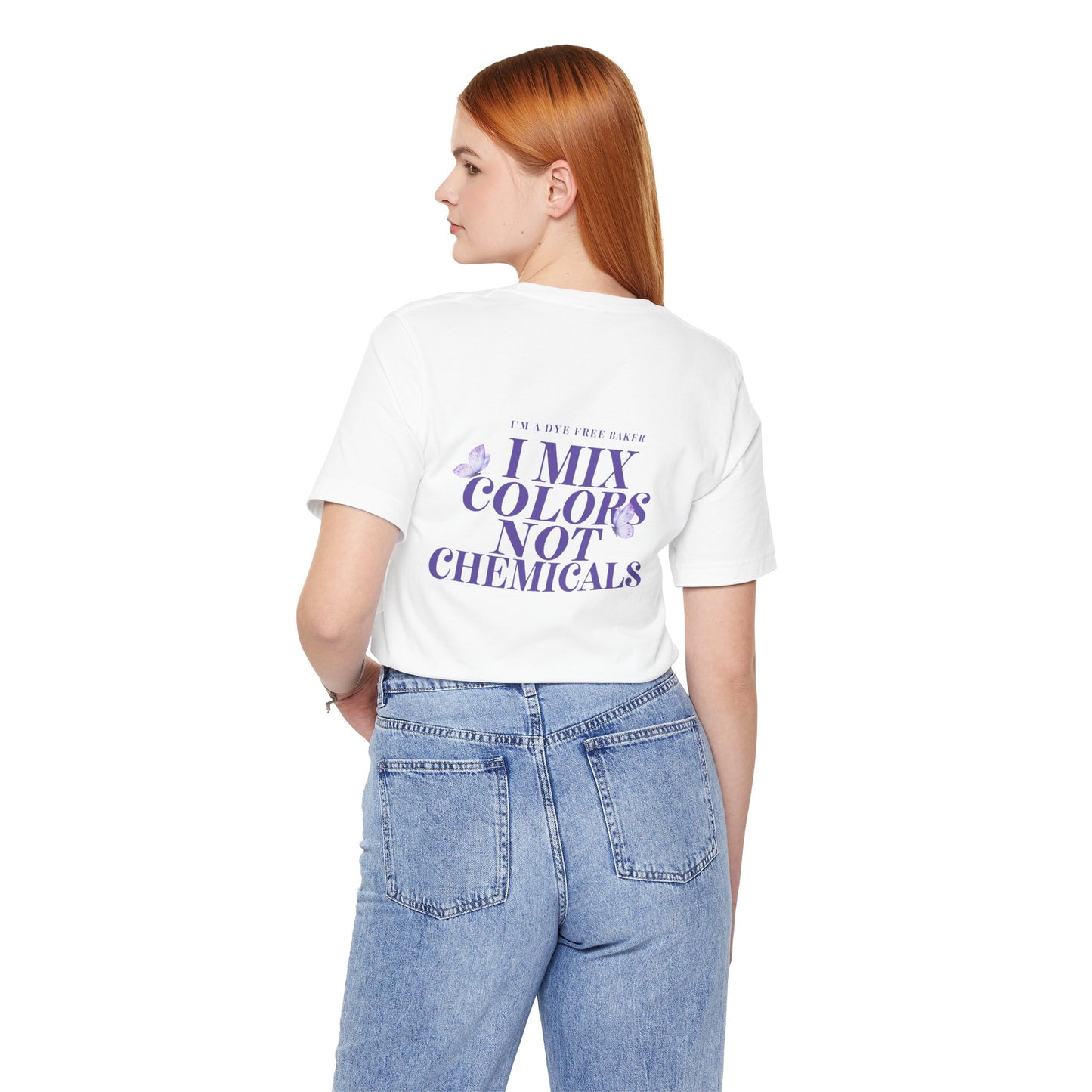 “I Mix Colors, Not Chemicals” Dye-Free Baker Tee – Front & Back Print (White or Heather Gray, XS–5XL)