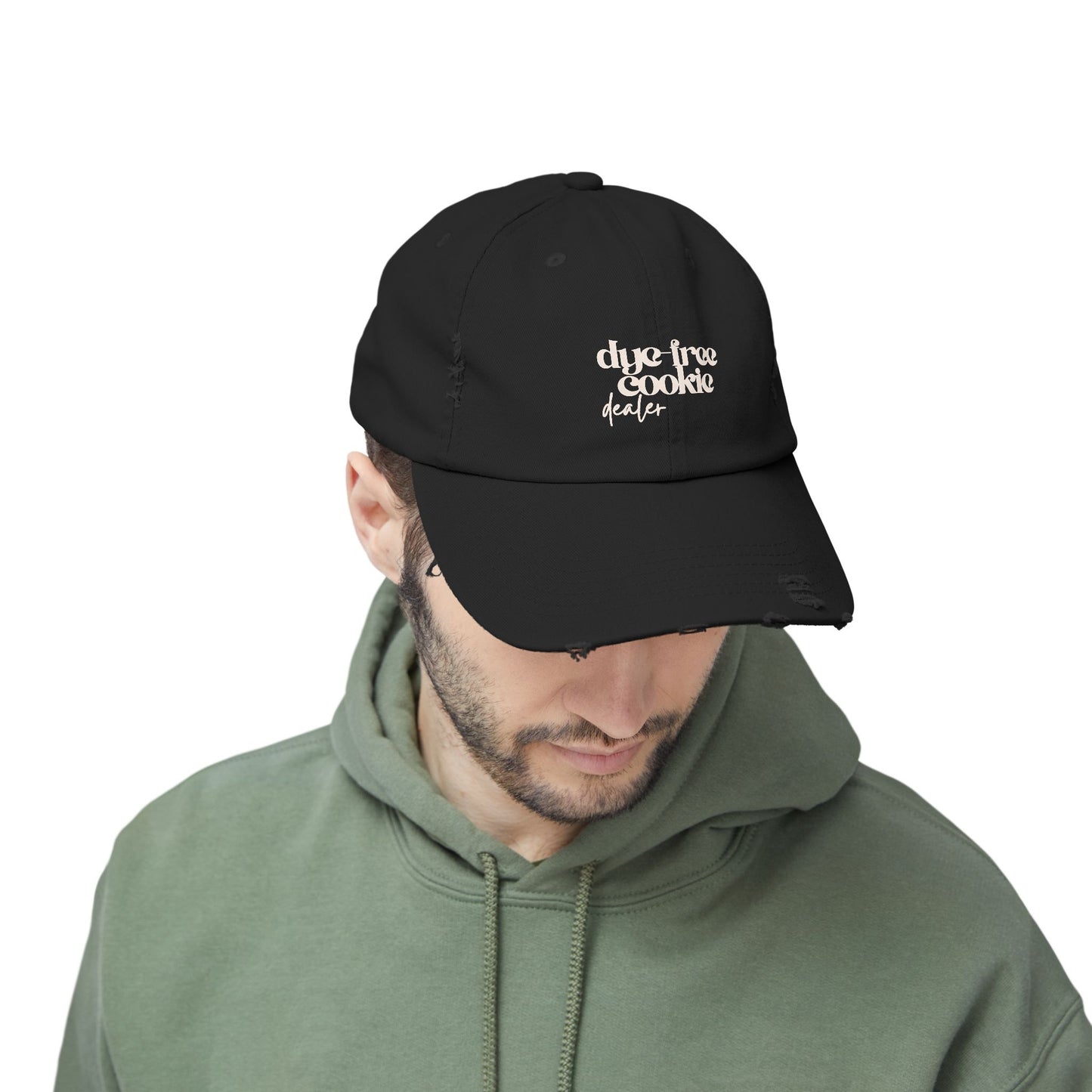 “Dye-Free Cookie Dealer” Distressed Unisex Hat – Vintage Baker Cap (Black or Stone)