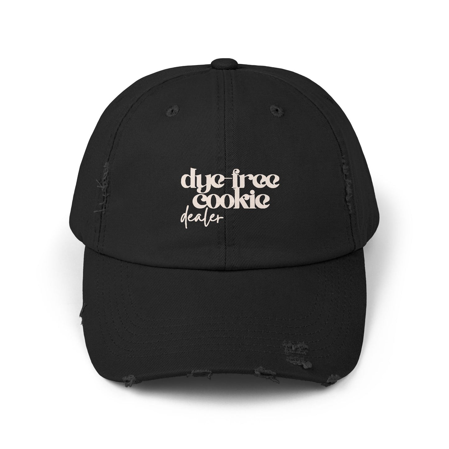 “Dye-Free Cookie Dealer” Distressed Unisex Hat – Vintage Baker Cap (Black or Stone)