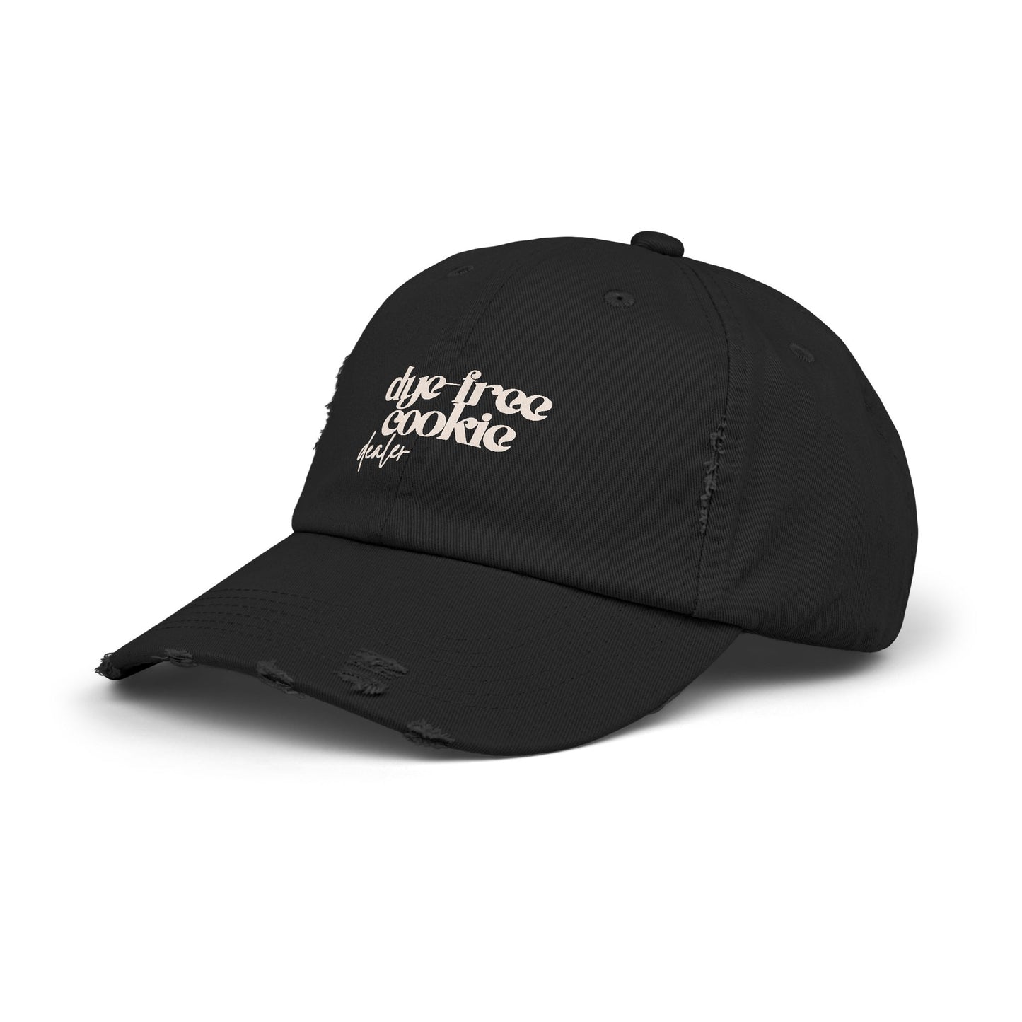 “Dye-Free Cookie Dealer” Distressed Unisex Hat – Vintage Baker Cap (Black or Stone)