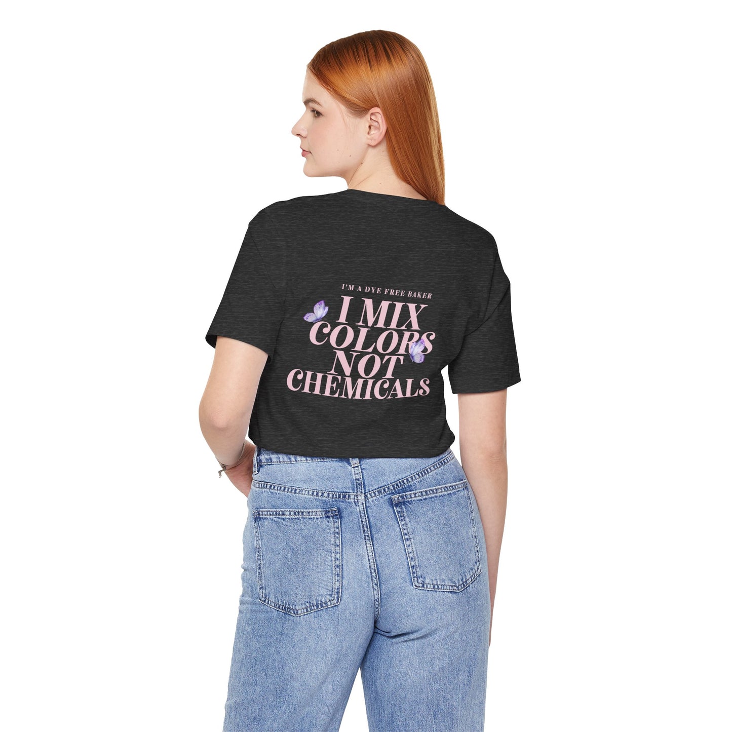 “I Mix Colors, Not Chemicals” Dye-Free Baker Tee – Front & Back Print (White or Heather Gray, XS–5XL)