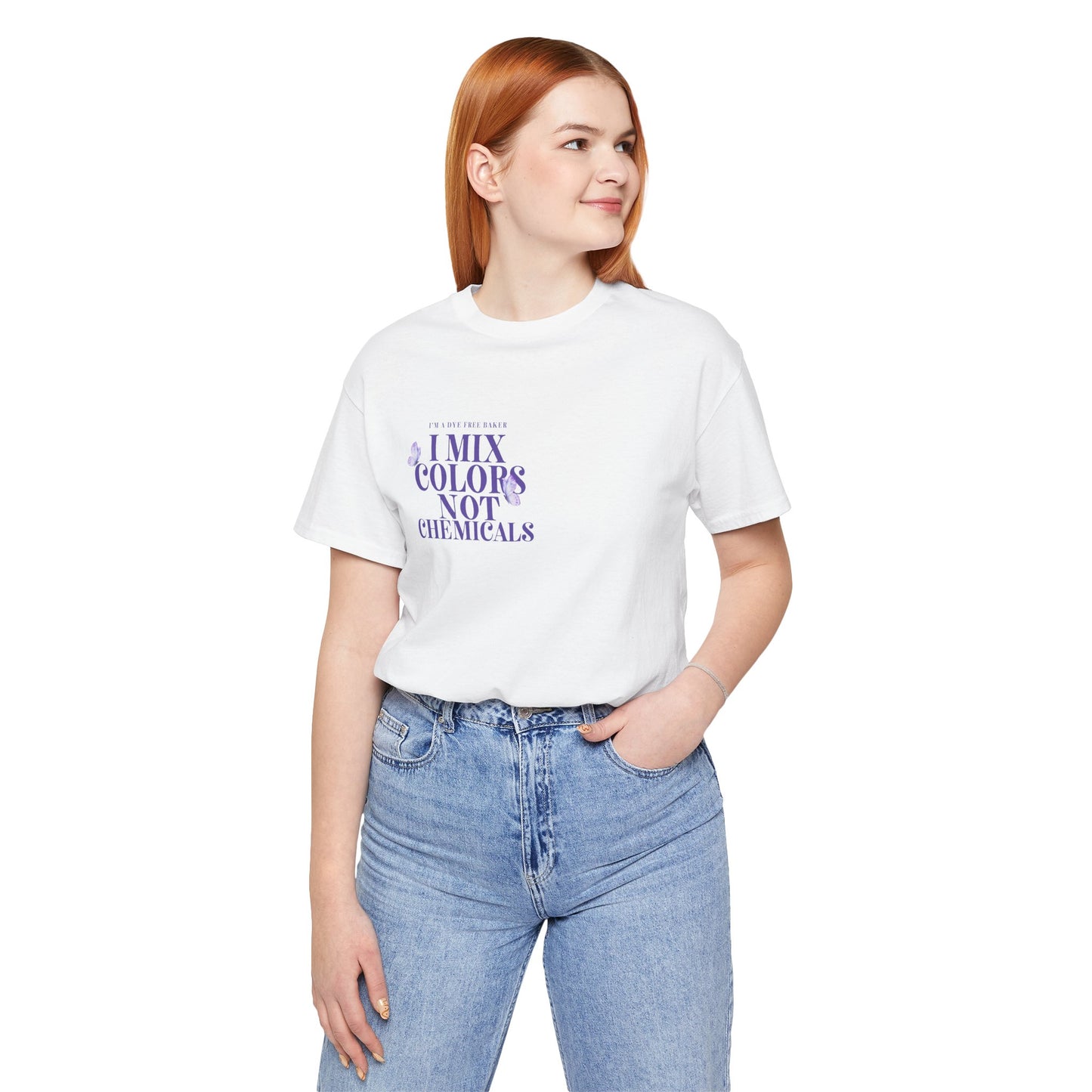 “I Mix Colors, Not Chemicals” Dye-Free Baker Tee – Front & Back Print (White or Heather Gray, XS–5XL)