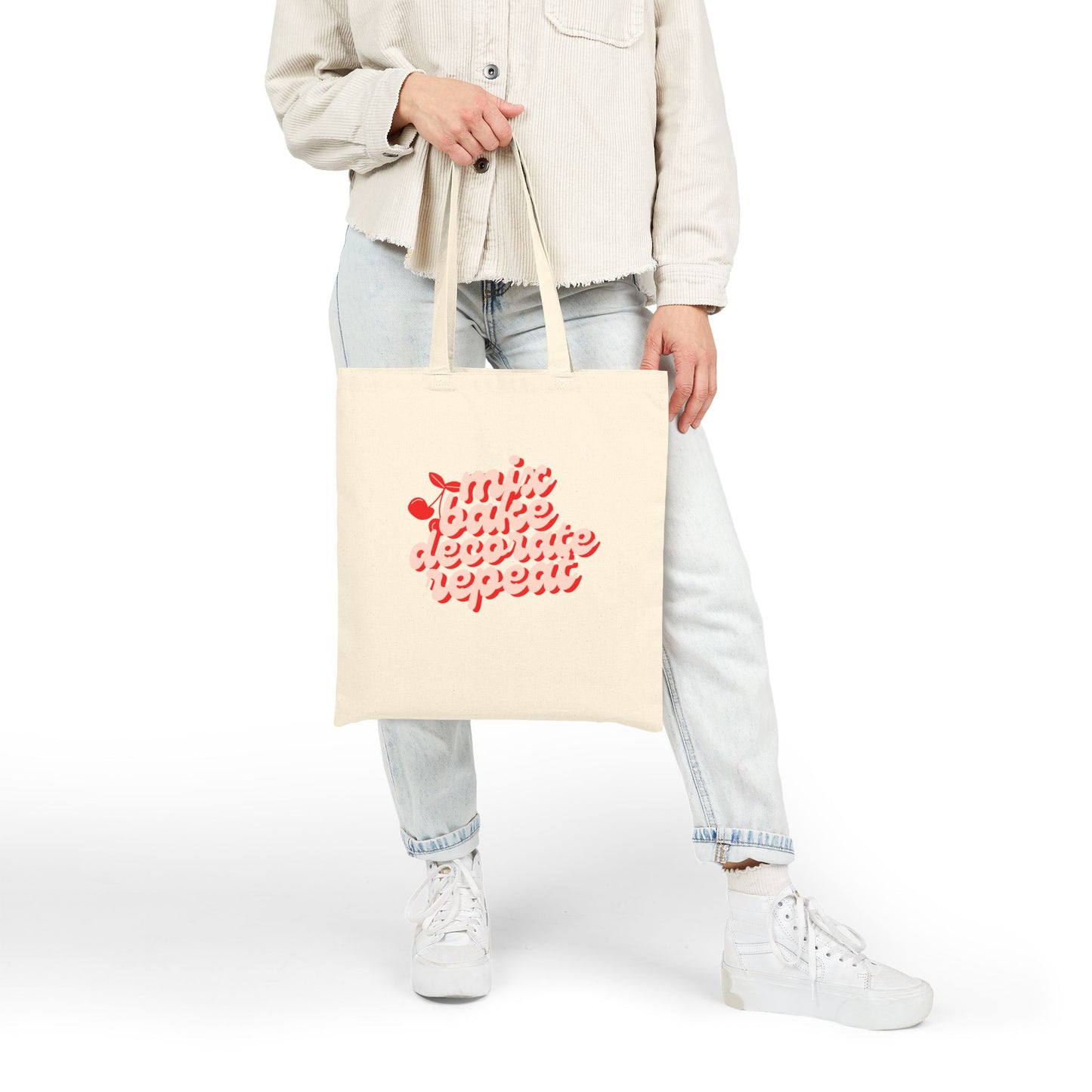 “Mix, Bake, Decorate, Repeat” Cotton Canvas Tote – Dye-Free Baking Bag (Natural Canvas, 15"x16")